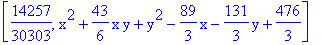 [14257/30303, x^2+43/6*x*y+y^2-89/3*x-131/3*y+476/3]